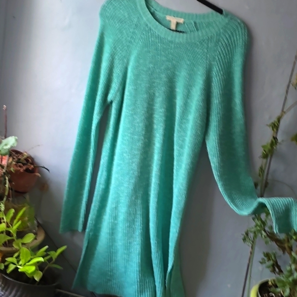 Eileen Fisher ~ Linen + Organic Cotton Blend Sweater Knit Dress Green Aqua Sz M